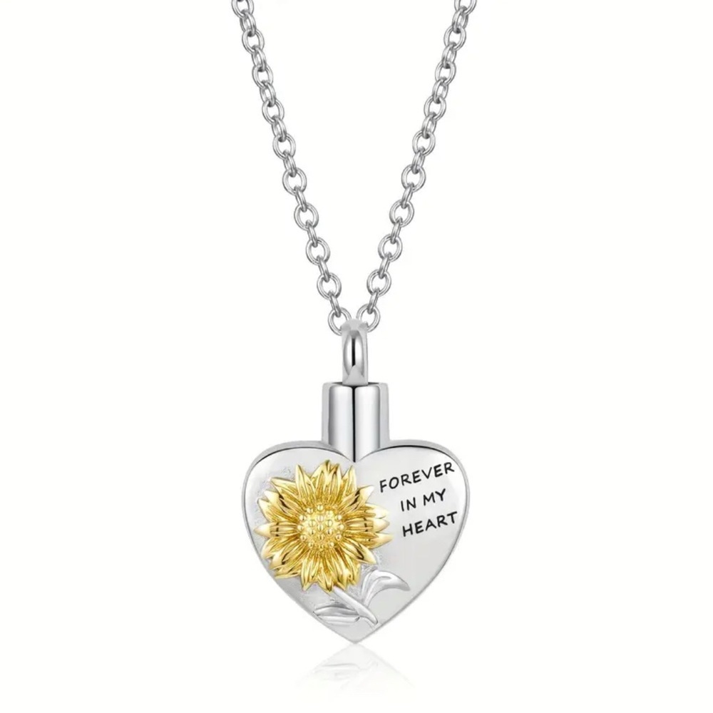 Silver Heart Necklace with Gold Sunflower Urn / Cremation - NEW